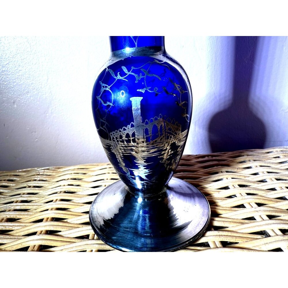 Vintage 50's Venetian Art Glass Bud Vase Blue Silver Overlay Gondola - Picture 10 of 11